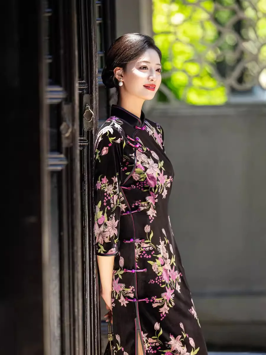 Robe Cheongsam en Velours Floral pour Femme, Robe Longue, Qipao, Traditionnelle Alberoise, Soirée, Mariage, Banquet, 5XL, Automne, Hiver, Nouveau