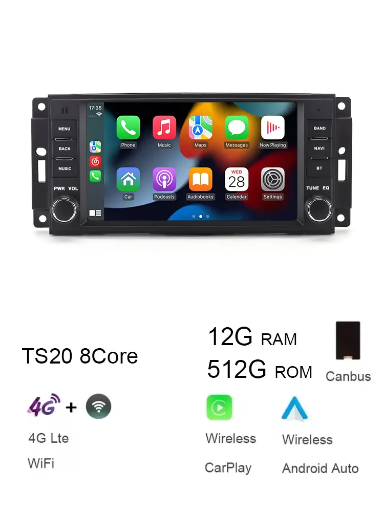 Carplay Auto Android 15 12G+512G IPS Car Multimedia Player GPS Bluetooth 4G WIFI Radio For Jeep Compass Commander Wrangler 300C