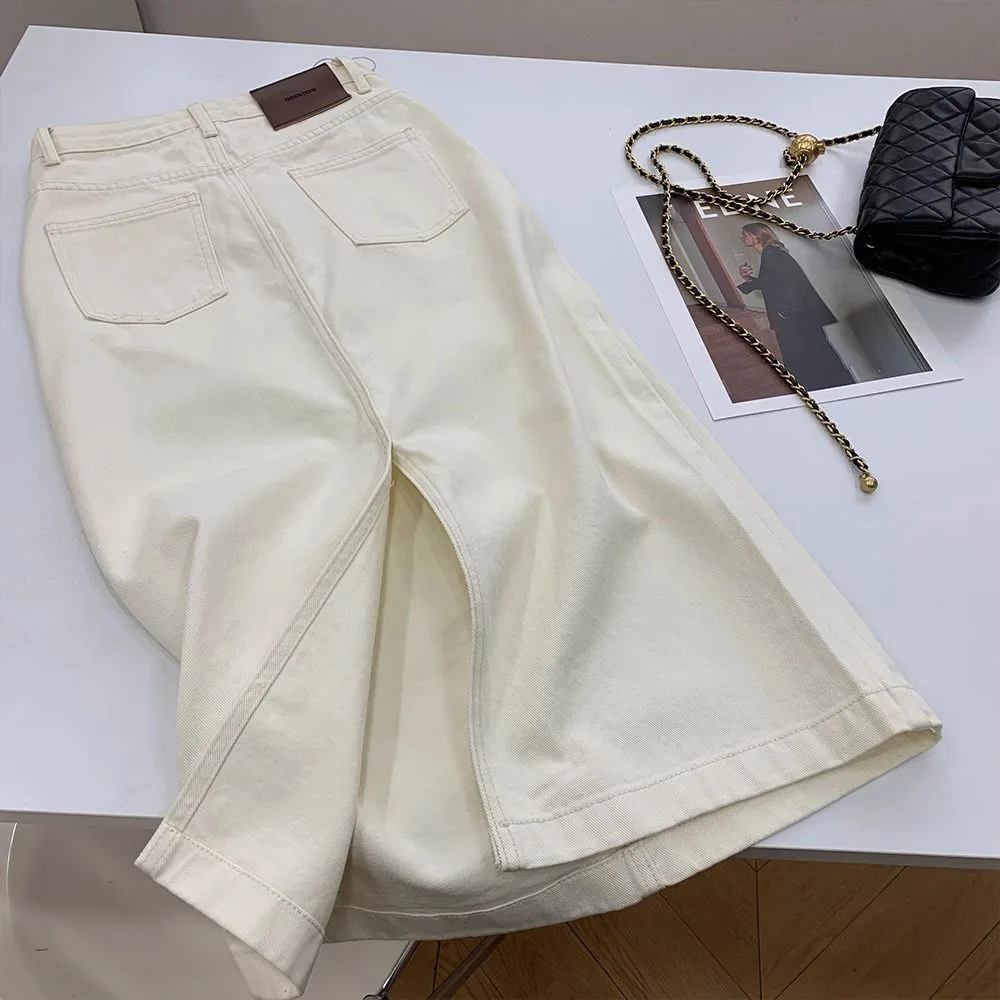 Fashion Beige Denim Half Skirt for Women Korean High Waist Slimming Skirts Summer New Retro Back Split A-line Midskirts