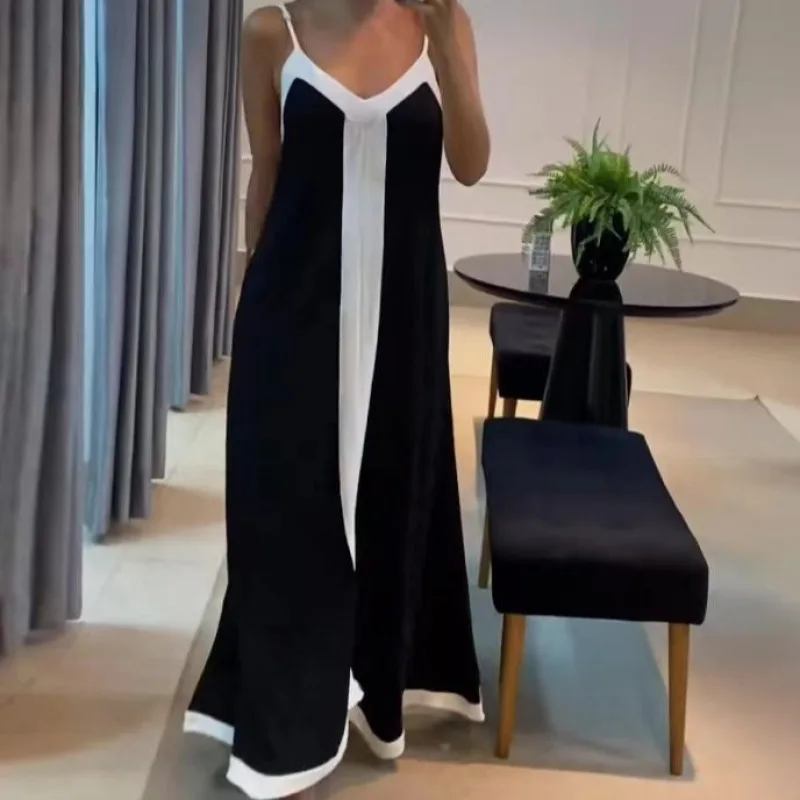 

Women Casual V Neck Long Dress Summer Chic Stitching Color Loose Hem Dresses Elegant Backless Sleeveless Sling Maxi Dress