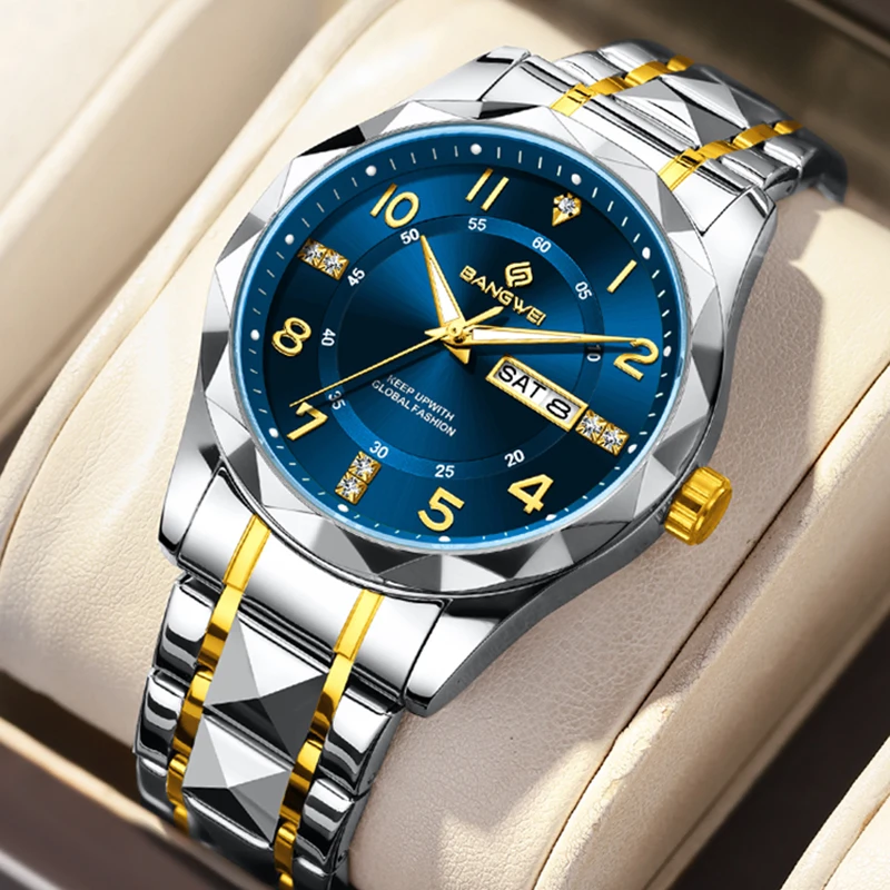

Мужские часы BANGWEI, лучшие брендовые роскошные модные часы из нержавеющей стали, повседневные часы с указанием дня недели и даты, высококачественные водонепроницаемые кварцевые часы для мужчин