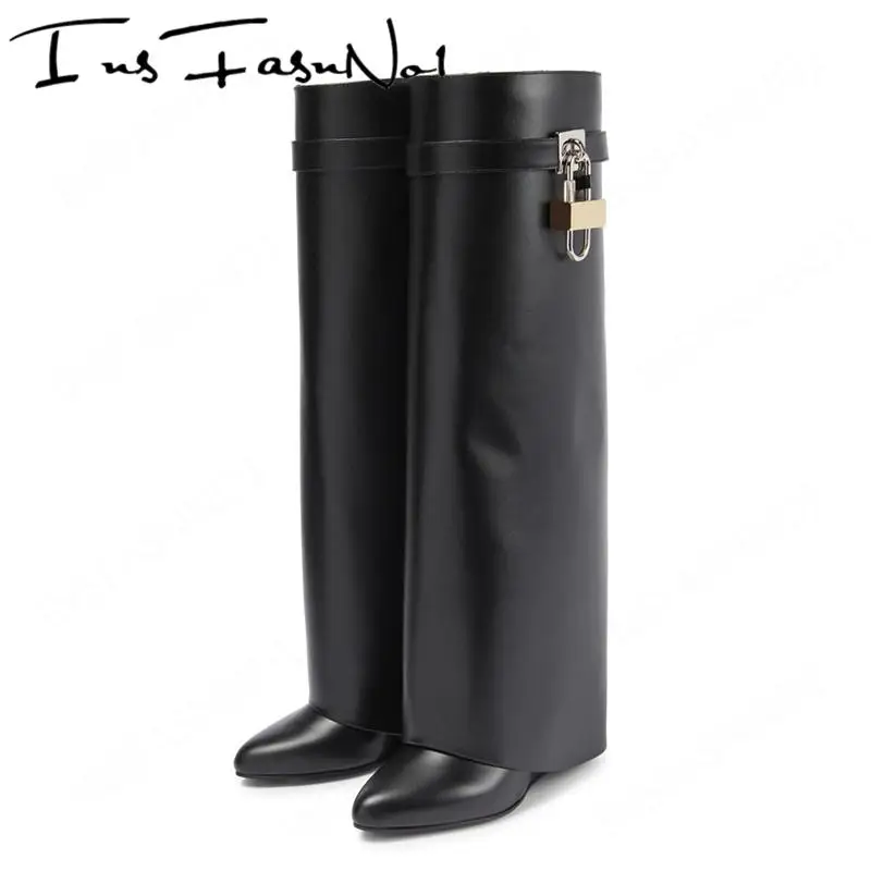 Shark Lock Leather Knee-high Boots Women Calfskin Slip On Black Designer Shoes New Fold-over Shafts High Wedge Heel Ladies Boots