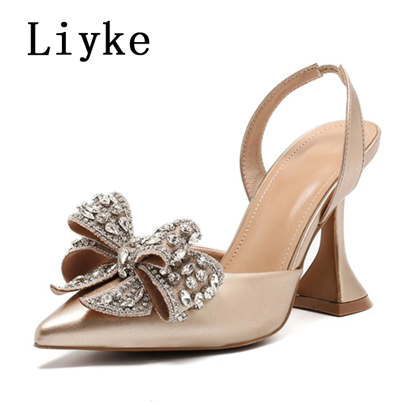 Liyke Spring Summer Fashion Rhinestone Bowknot Women Pumps Sexy Silk Pointed Toe Strange High Heels Party Prom Shoes Gold Silver