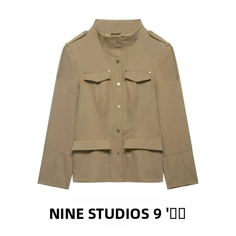 

NINE ZAR Women's Slim Fit High Collar Jacket with Strap Decoration Long Sleeve Warm Polyester Coat for Spring Season