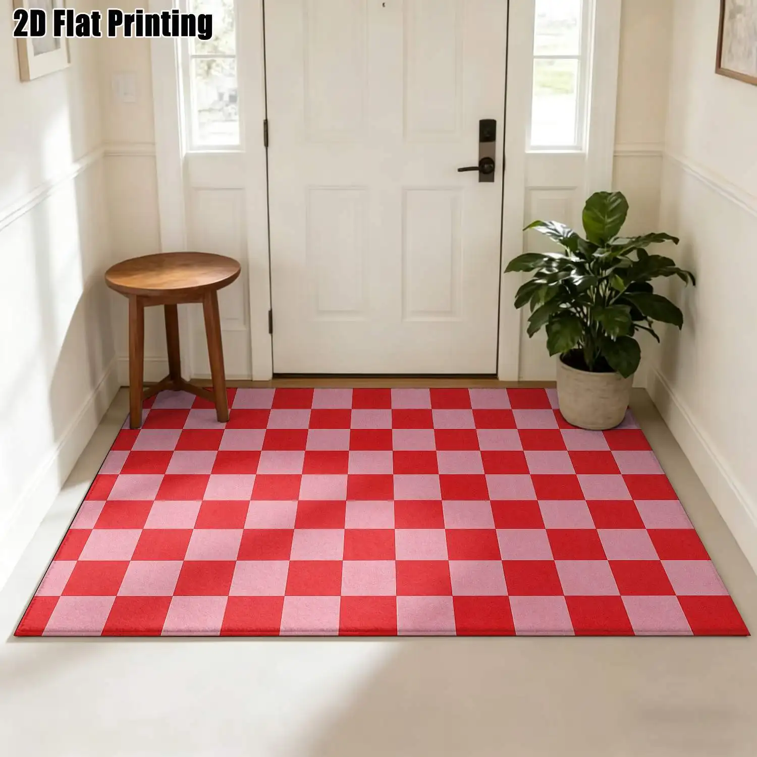 1Pc 2D Printed Geometric Red Pink Nordic Modern Minimalist Carpet, Instagram-Inspired Floor Mat, Machine Washable, Multi-Size, Ideal for Home Decor: Entrance, Dining Room, Foyer, Bedroom, Living Room