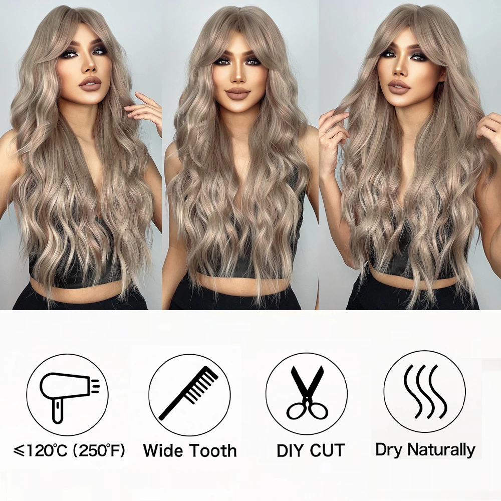 EASIHAIR Asche Blonde Lange Wasser Welle Synthetische Perücken mit Bang Licht Brown Tiefe Welle Haar Perücke für Frauen Täglichen Party hitze