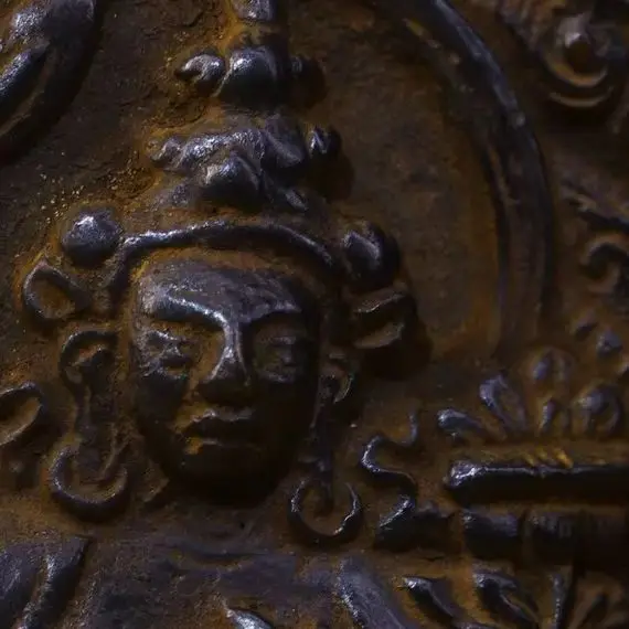 3"Collections Old Bronze Cinnabar Manjusri Bodhisattva Buddha Card Amulet Pendant Town House Exorcism