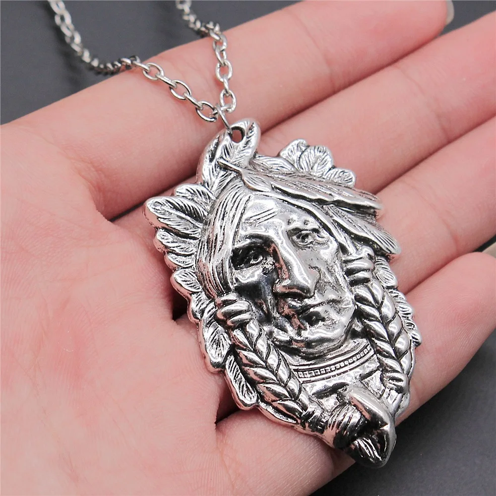 Dropshipping Antique Silver Plated 59x36mm Indian Chief Pendant Necklace For Women Men Long Chain Trendy Jewelry Accessories