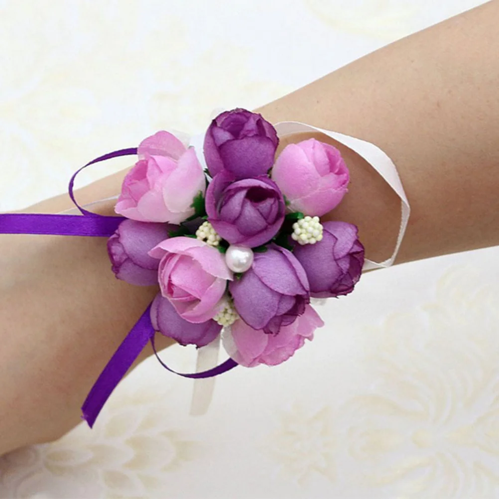 

4pcs Wedding Bridal Brooch Wrist Flowers Artificial Flower Bracelet Dancing Wrist Flower Decor (Purple)