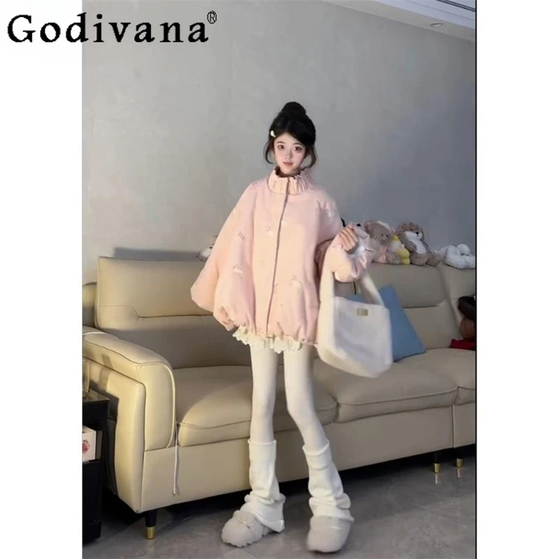 

Winter Fleece Lined Thick Loose Parkas Women Cute Sweet Embroidered Cotton Jacket Female Stand Collar Puff Cotton Coat