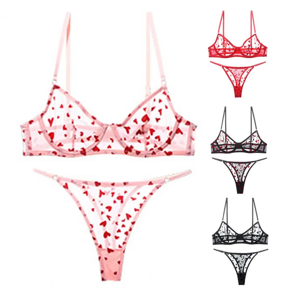 

Women Underwear Set See-through Mesh Heart Print Thin Bra Panties Set Low Waist Thong Wired Push-up Bra Lady Underpants Bra Set