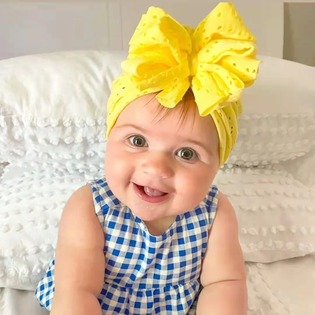 Large Bow Newborn Spring Summer Thin Hat Beanie Turban Cap Cutout Hollow Headwrap for Baby Girls Headwear Boys Infant Hat 0-3Y