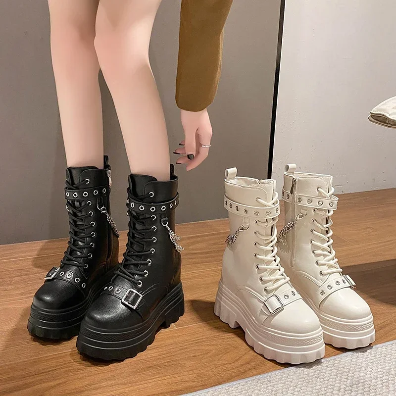 Women Punk Boots Thick Heel Ankle Boots Women Chunky Sneakers High Heels Winter Platform Leather Shoes Woman Metal Chain   Boots