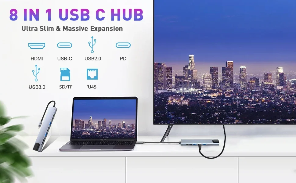 USB C Hub 7/8 in 1 4K HDMI Adapter Splitter with RJ45 USB3.0 2.0 SD/TF Card Reader PD Fast Charge for PC MacBook Notebook Laptop