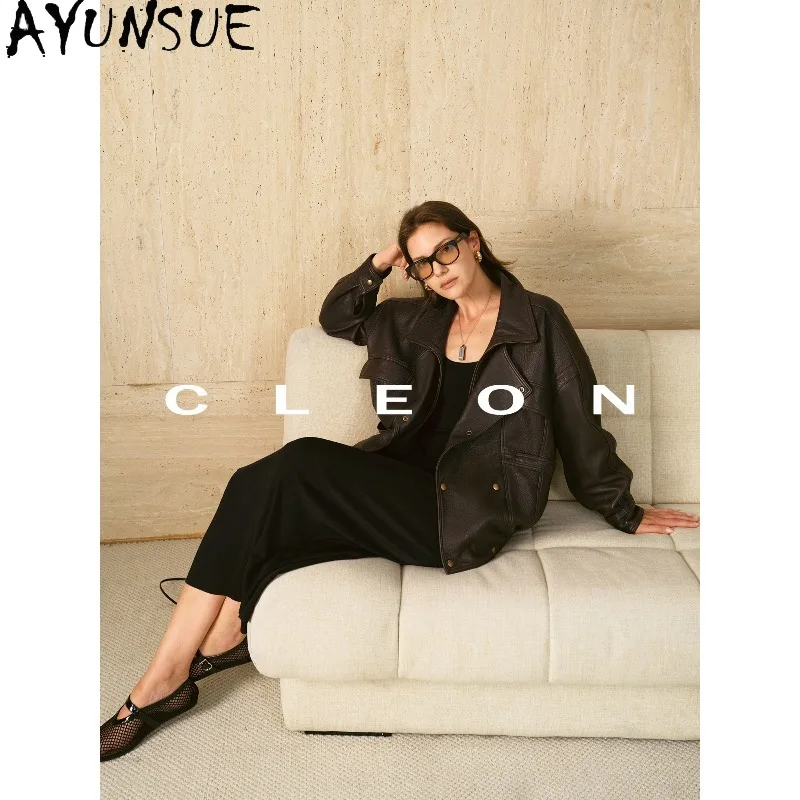 AYUNSUE Real Leather Jacket Woman Fashion Lapel Motorcycle Outerwear Loose Bubbled Leather Jackets Clothing for Woman Ropa Mujer