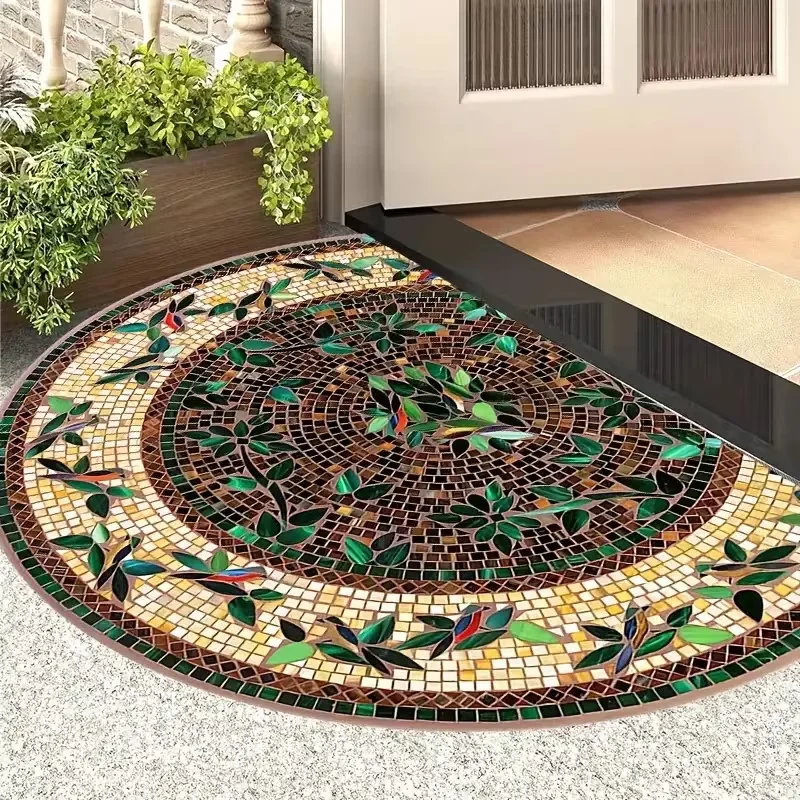Retro Mosaic Doormat, Ethnic Plant Vine Design with Multicolor Stone Texture,Semi-Circular Entry Mat for Home Decor Outdoor Use