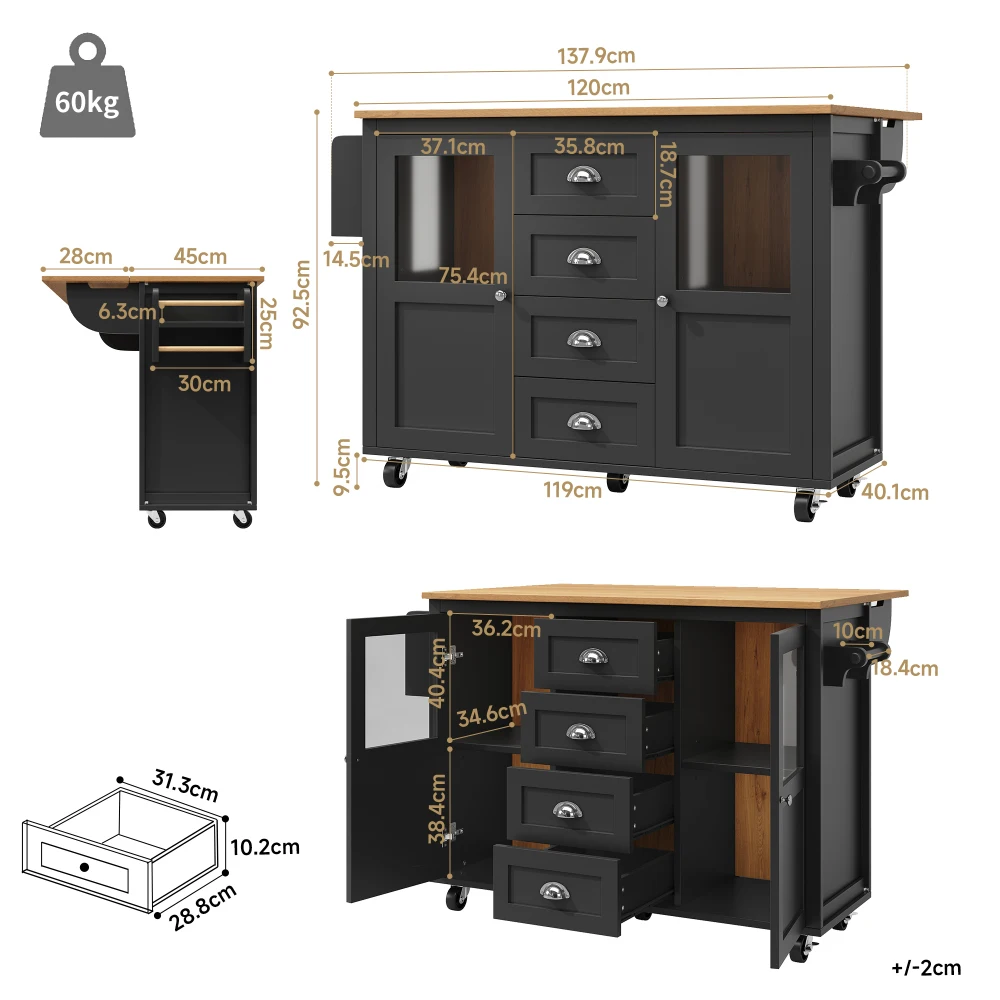 Kücheninsel، 54-Zoll-Sideboard، ausziehbarer Küchenwagen mit Handtuchhalter، Gewürzregal، dva Türen، four Schubladed، schwarz