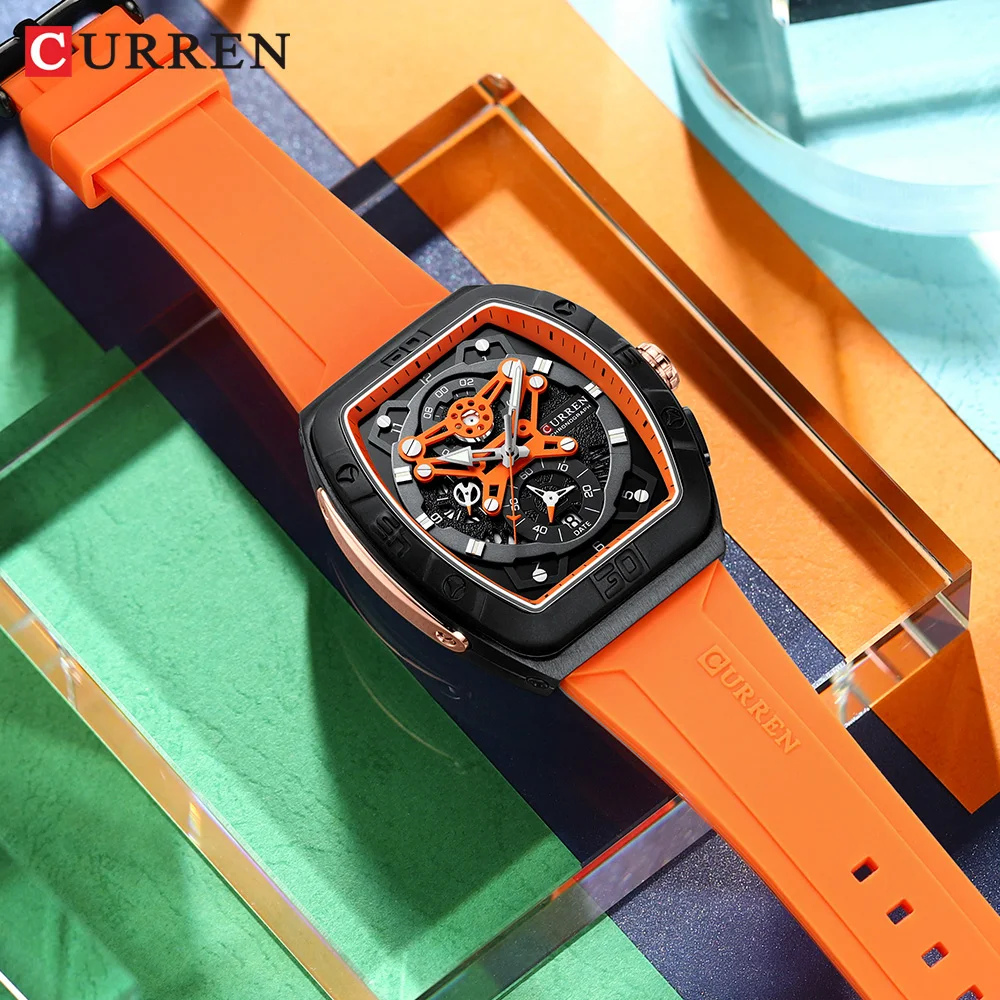 CURREN Casual Sports Multi Function Silicone Straps Luminous Hands Curved Mirror Rectangular Watches