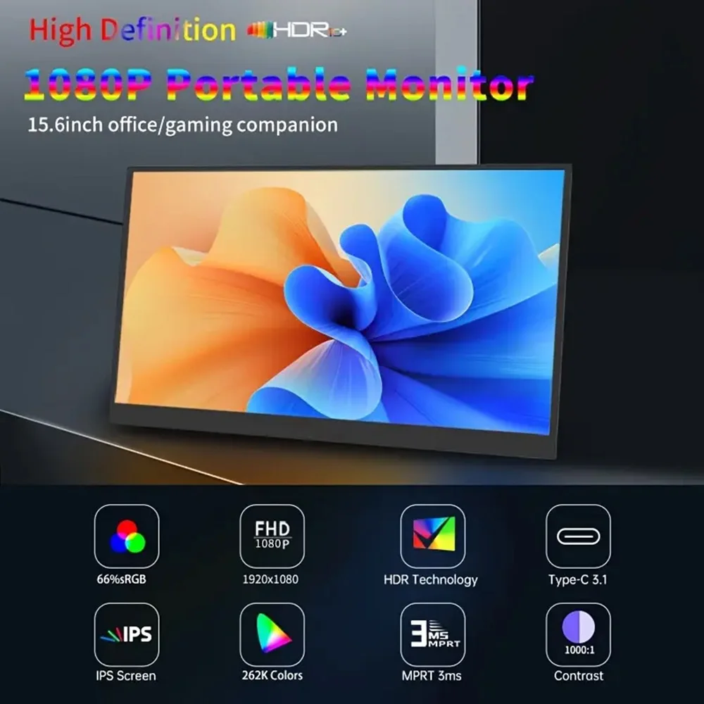 Monitor per computer con display secondario con pannello IPS portatile da 15,6 pollici FHD 1080P 16:9 Type-C HDMI per telefono cellulare Xbox Switch Laptop