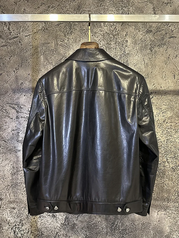 Top Quality Men Cowhide Genuine Leather Jacket Business Man Work Slim Fit Single Breasted Blazer Suit Coat Vintage Luxury Jacket