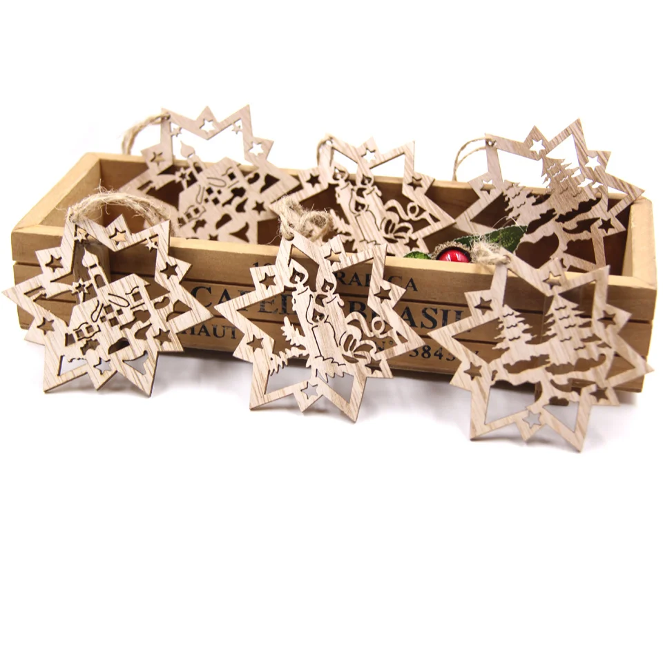 6PCS Christmas Wooden Pendants Creative Hollow Hanging Ornaments Wood Craft for Christmas Tree Decor Kids Gifts DIY Paingting