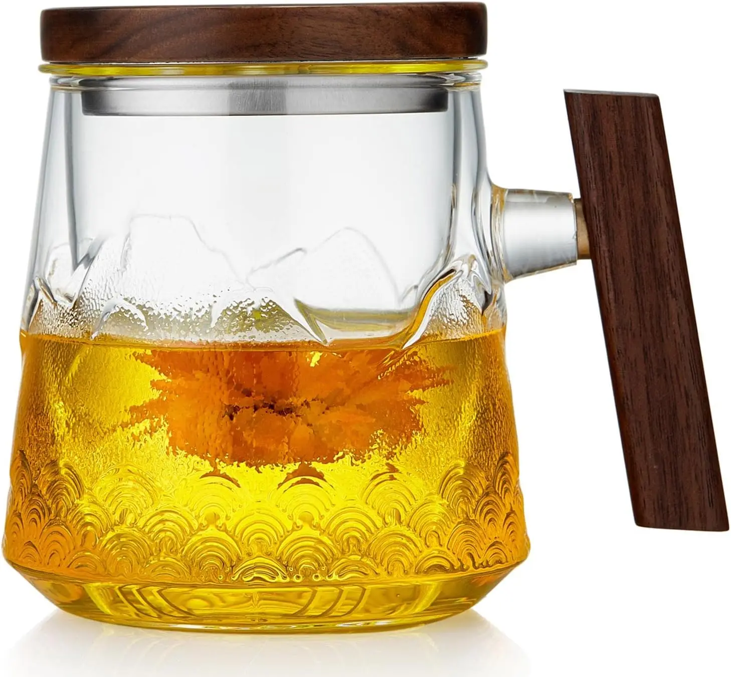 

Glass Tea Cup with Infuser and Lid, 570ml/19oz Large 3-Piece Glass Tea Mug with Embossing Landscape Pattern, Big Tea Cup with Wo