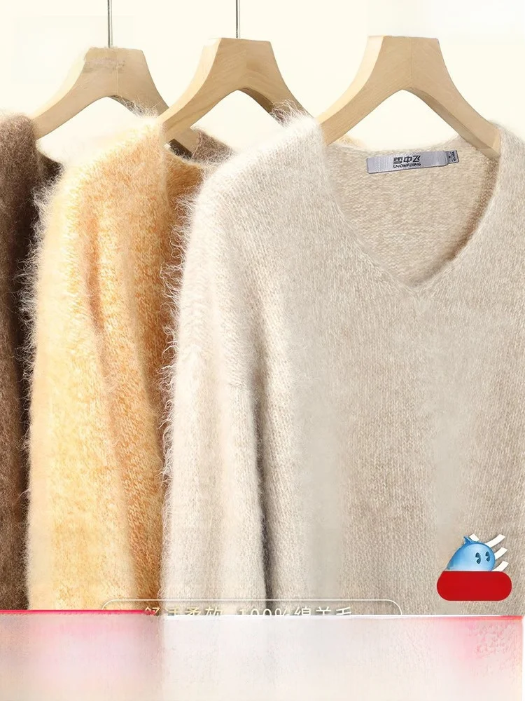 

Soft Woolen V-Ne Knitted Sweater Women's Casual Sle 00% Camere Fce Lined Long Sve Autumn Winter Faion Top