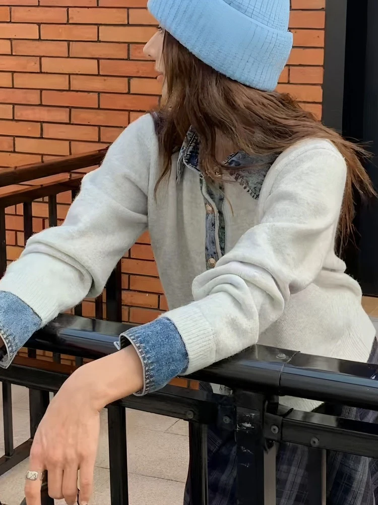 Suéter de punto elegante para mujer, moda de otoño, con parches de mezclilla, adelgazante, estilo coreano, estilo informal, c...