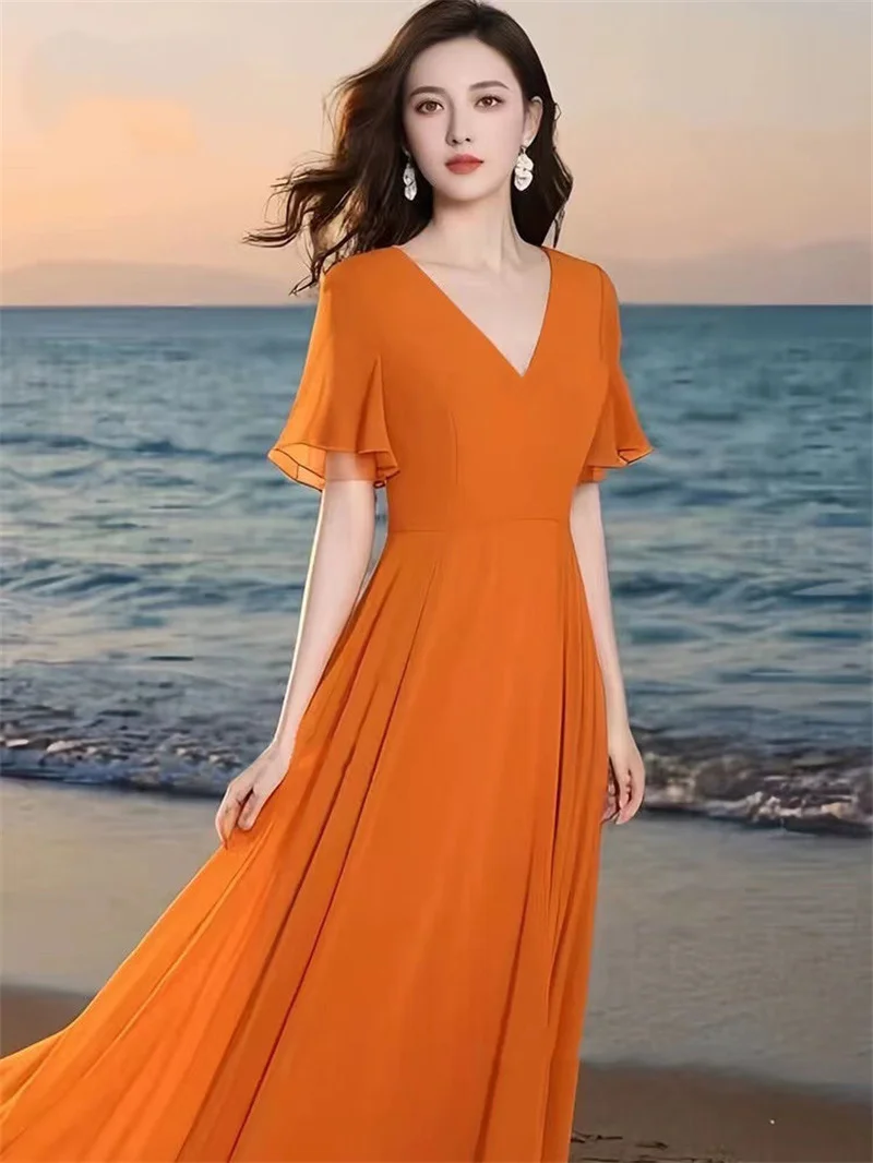 2025 Summer New Women's Solid Color V-Neck Elegant Slim Large Hem Mid Long Chiffon Dress Ladies Bohemian Beach Dresses Vestidos