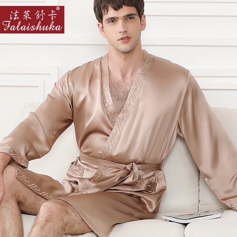 19 momme 100% real silk robes men simple Long sleeve robes real silk casual elegance male home robes S5632