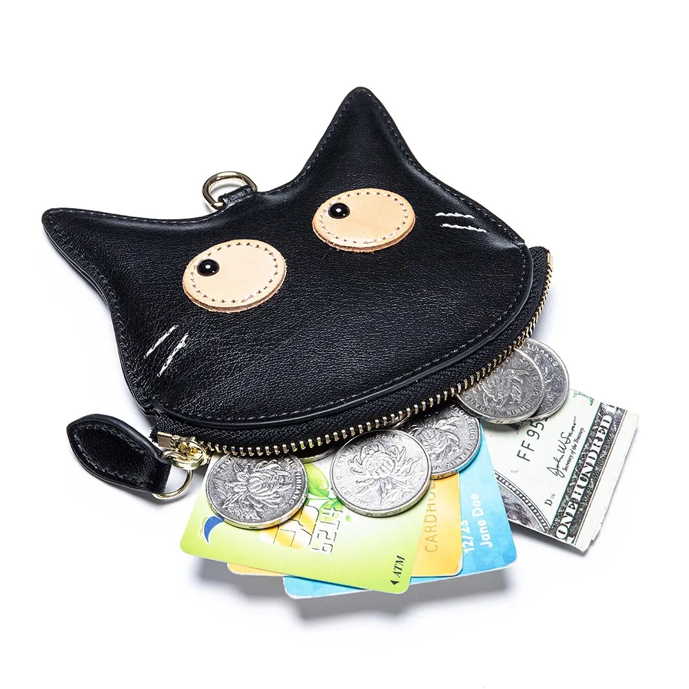 Genuine Leather Neck Purse Bag Cowhide Student Small Cute Cat Coin Wallet Card Holder Key Lipstick Earphone Storage Pouch Women