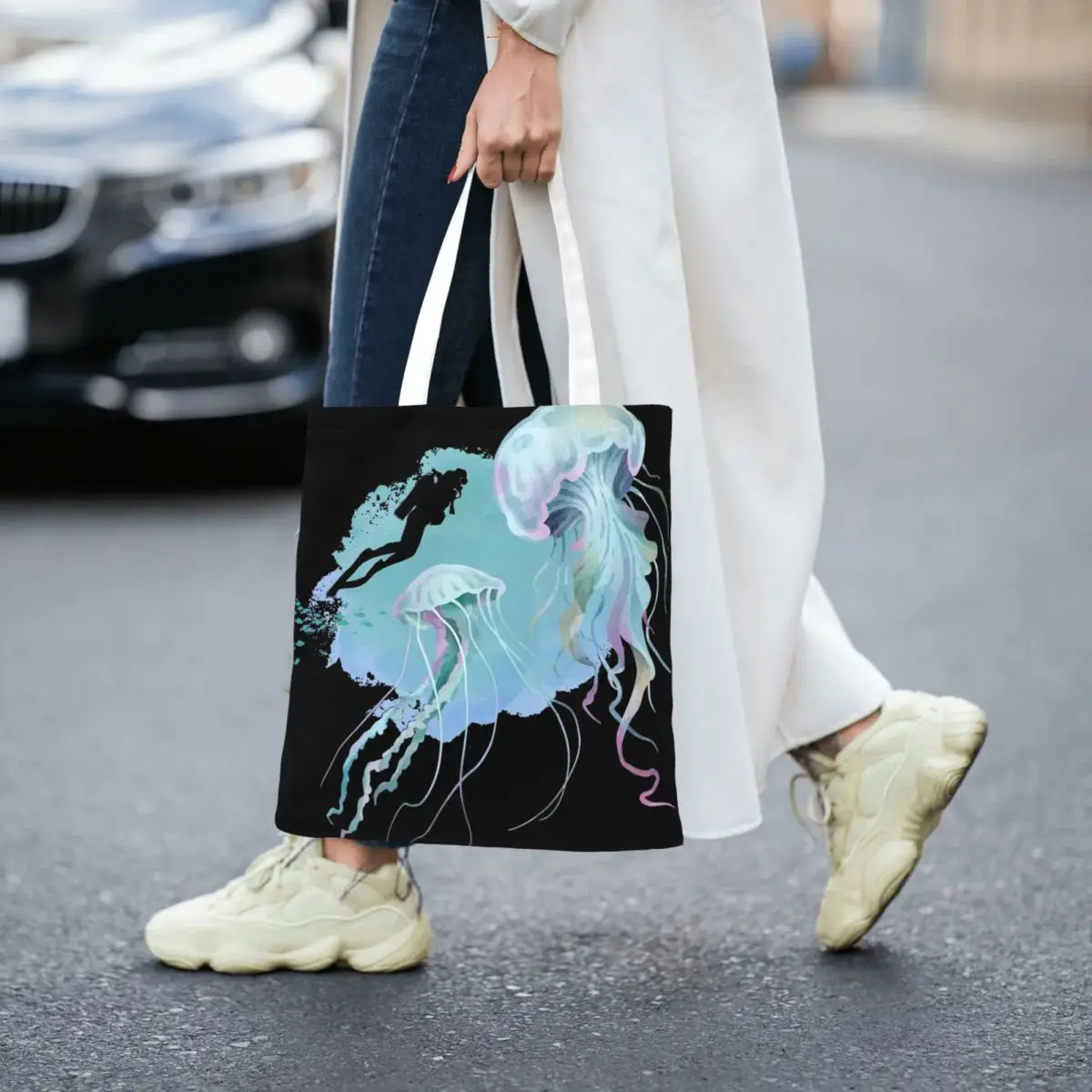 Sac fourre-tout en toile réutilisable pour plongeur sous-marin mystique, sac à provisions unisexe, rencontre de méduses, design unique