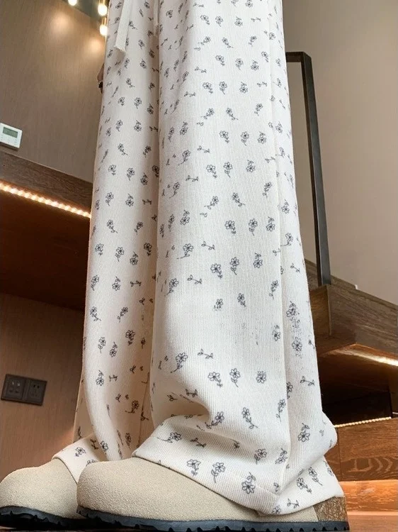 

Американские спортивные брюки с высокой талией и цветочным принтом, женские, осенне-зимние, новые, свободные, повседневные, широкие штанины, с растительным узором