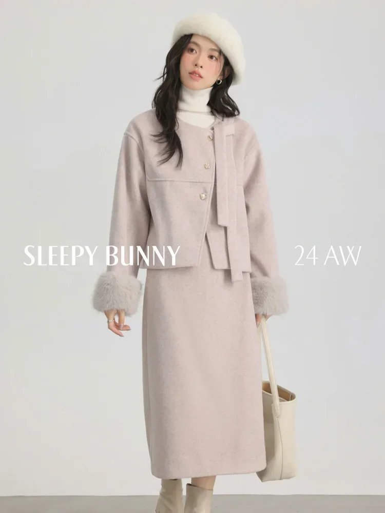 2025 Winter Women Faux Fur Sleeve Woolen Coat with Vintage Gold Buttons and High-Waist Skirt Elegant Two-Piece Fashion Suit Set