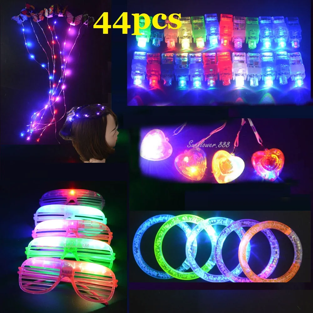 44pcs LED Light Up Toys Girls Hair Styling Tool Finger Lights Glasses Bracelet Heart Necklace Glow Prizes  Christmas Decoration