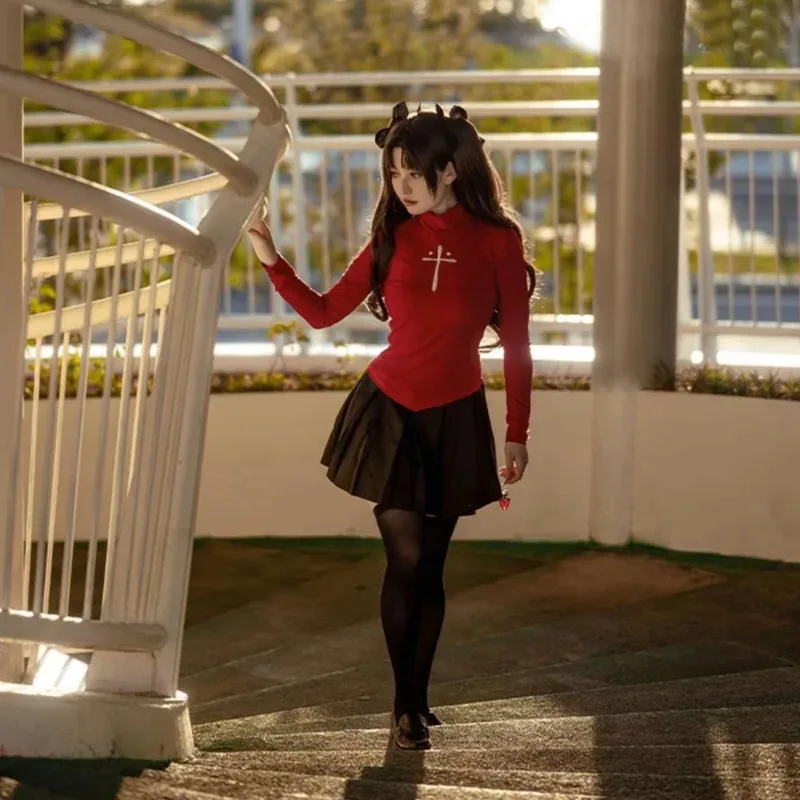 أنيمي لعبة مصير البقاء ليلة Tohsaka رين تأثيري حلي شعر مستعار للنساء قميص أحمر تنورة جوارب كليب x;2,f;5.n;