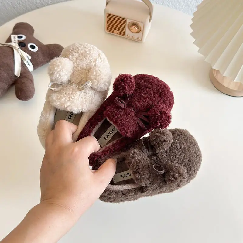

Kawaii Casual Shoe Fashion Childrens Shoes Girls Winter Boots Plush Fleece Lined Double Fur Ball Outdoor Wear Warm Baby Girls