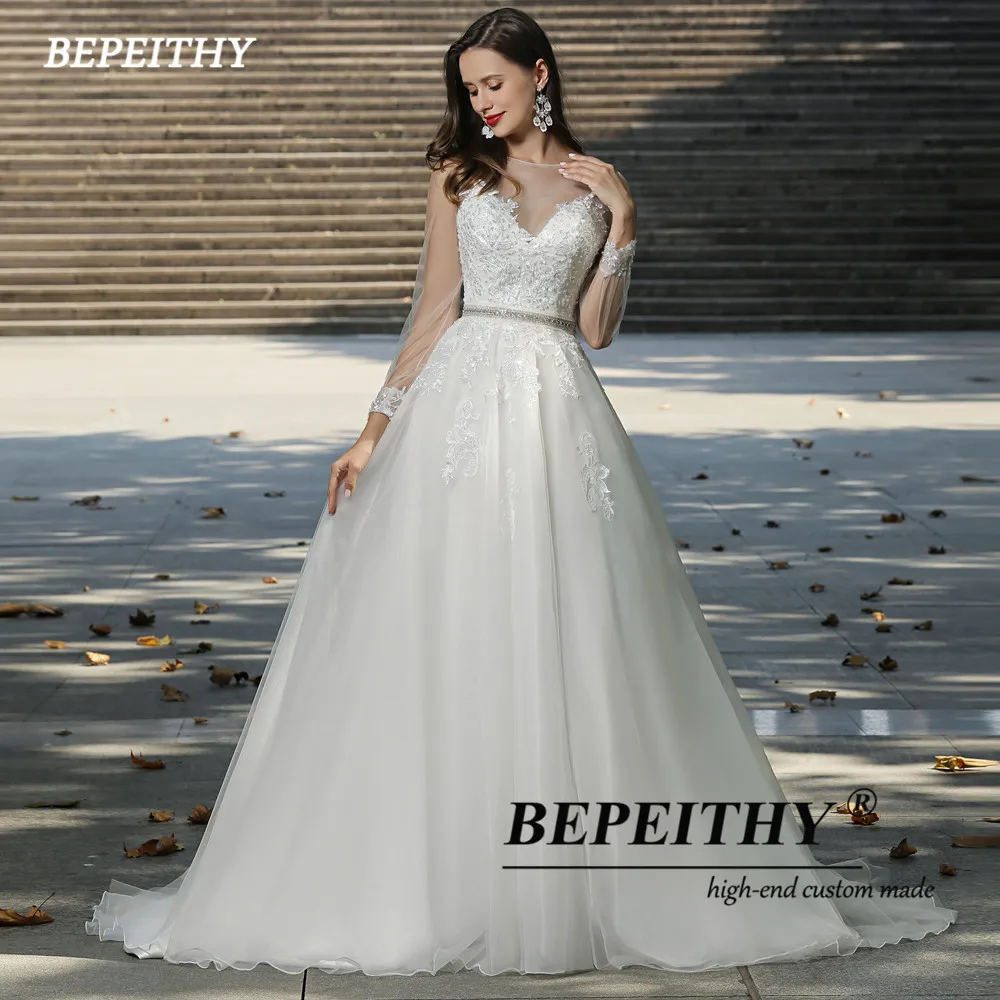 BEPEITHY Elfenbein EINE Linie Boho Hochzeit Kleider Für Frauen 2023 BrideO Neck Volle Hülsen Kristall Gürtel Vintage Bodenlangen Braut kleid