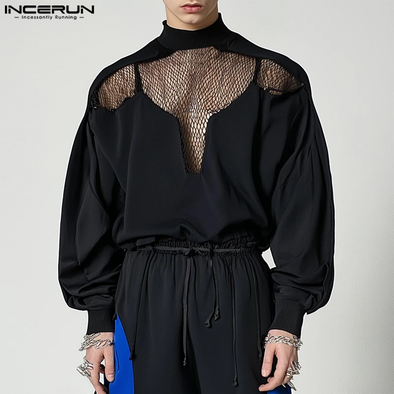 2024 NCERUN Men Causal Long Sleeve Hoodies See Through Mesh Stitching Pullovers Hollow Out Stand Collar Sexy Fitting Sweatshirts