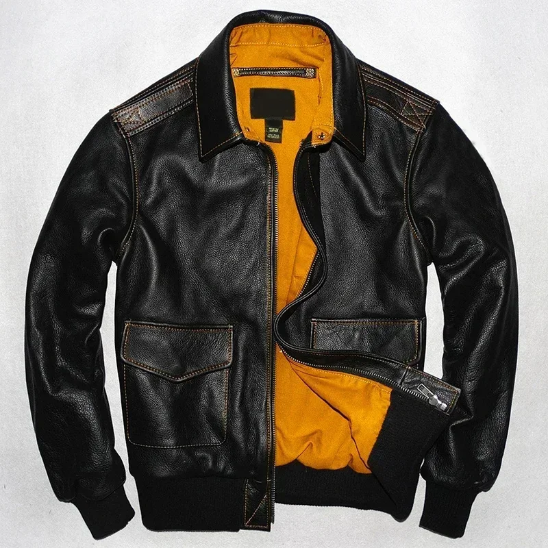 

Men's Genuine Leather Jacket Military Pilot s Air Force Flight A2 Black Brown 100% Calfskin Coat Cowhide Clothes