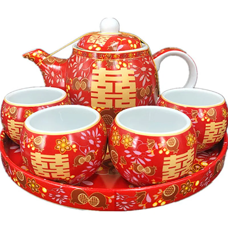 Imagem -05 - Tradicional Chinesa Cerâmica Tea Grupo Vermelho Double Happiness Bule Tea Cup Recém-casados Noiva Presente Dote Casamento Supply Retro