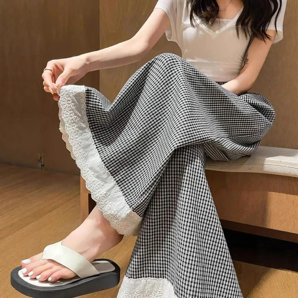 

2025 Lace Checkered Wide Leg Casual Pants Summer New Style Loose and Slimming Fashionable and Versatile Pants for Women