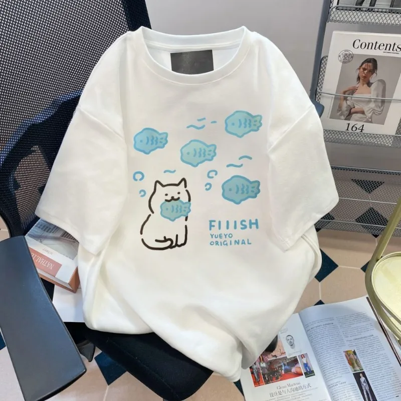 

Cute Cat Eating Fish Printed T-shirt for Women Pure Cotton Retro Summer Fashion Trend Comfy Couple Short Sleeved Top Harajuku