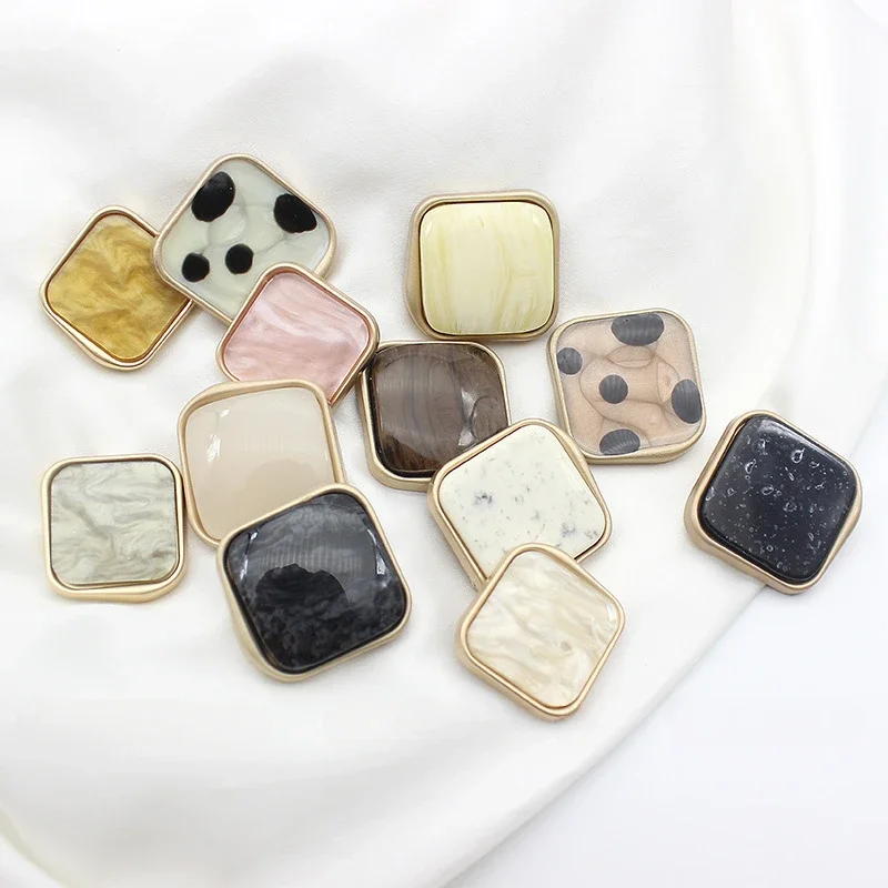 5 Pieces Square Metal Buttons Beautiful Colorful Resin Ornament Shank Buttons Woman Clothing Accessories