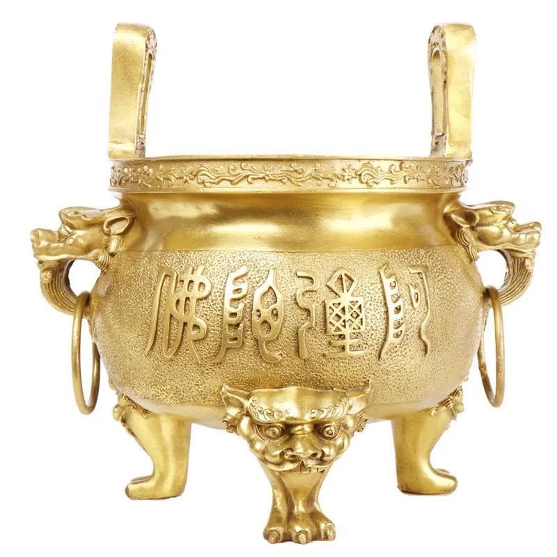 Bronze three-legged incense burner ornament, featuring the characters "Guan" and "Fo" (Buddha)