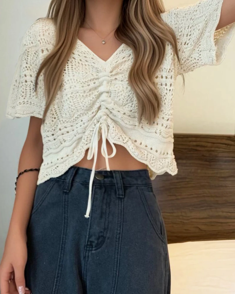 

V-Neck Short Sleeve Hollow-out Crochet Drawstring Cardigan