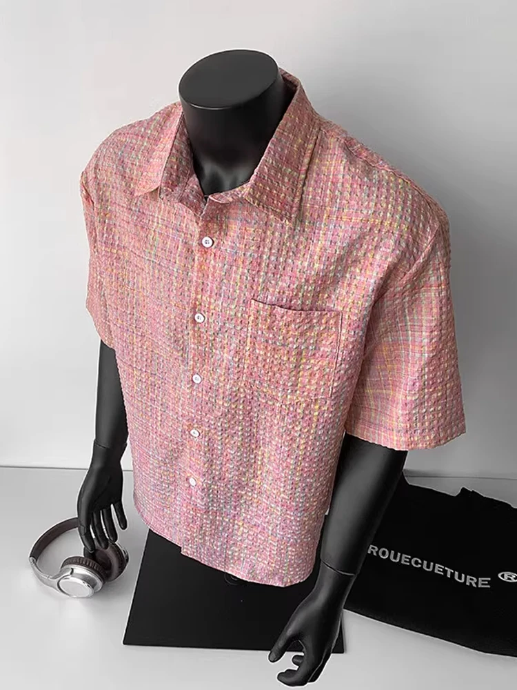 

Pink Plaid Bubble irt ort Sve Loose Casual Thin Summer Qui Dry id Couple irts Youth ular Breathable Lightweight