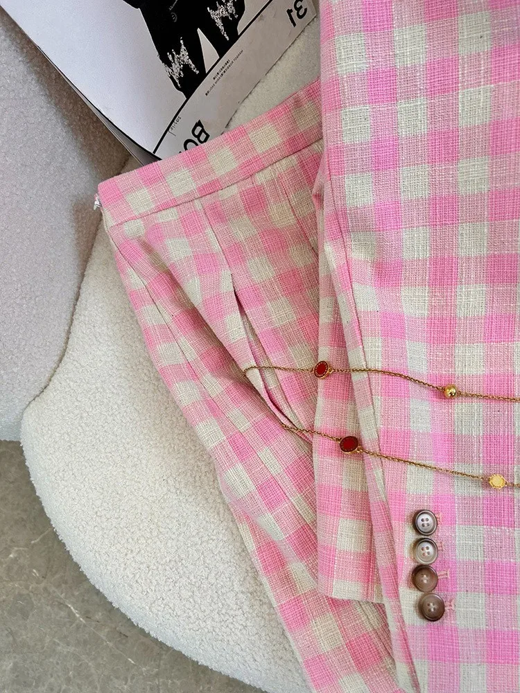 Hot Koop Vrouwen Nieuwe Stijl Zoete Roze Raster Blazers Jas Mode Enkele Breasted Twee Knoppen Lange Mouw Pak Kraag Elegante Jas