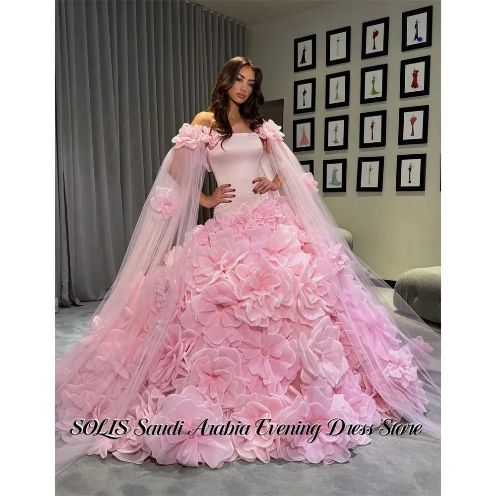 

Вечерние платья SOLIS розового цвета с открытыми плечами, длинными рукавами и 3D цветочным шлейфом, нарядные платья для выпускного вечера, индивидуальный пошив