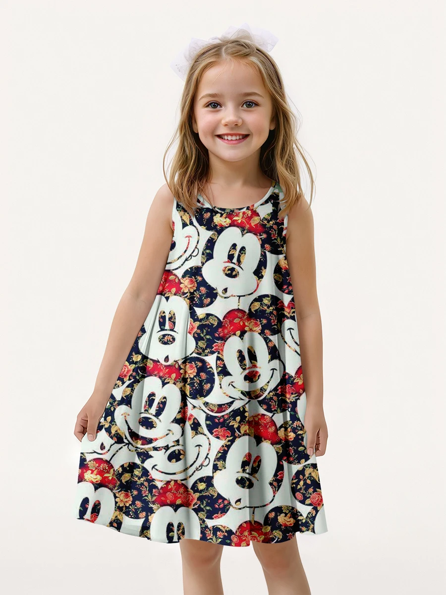 MINISO New Summer Girl Dress Mickey Mouse 3D Printed Cartoon Print Disney Fashion Girl Sleeveless Dress Fashion Party Princess